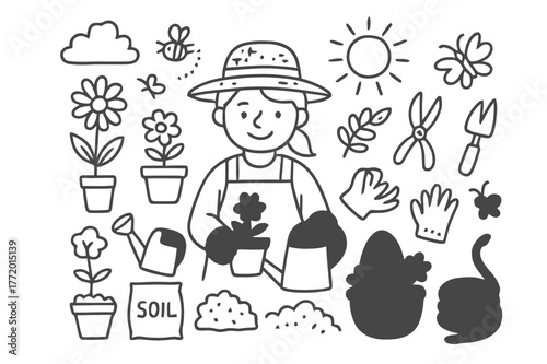 Flower Gardener Doodles. Flower gardener. Hand-drawn doodle illustration flower gardener flowers, pot, watering can, gloves, shears, hat, spade, soil bag,