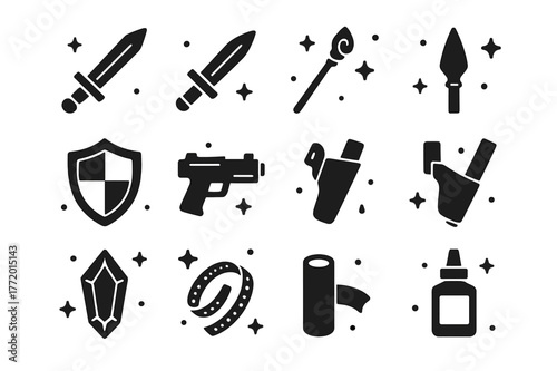 Cosplay Weapon Icons. Cosplay prop weapons. Solid icons set of Cosplay prop weapons: prop sword, foam dagger, staff, spear tip, shield, blaster prop, holster,