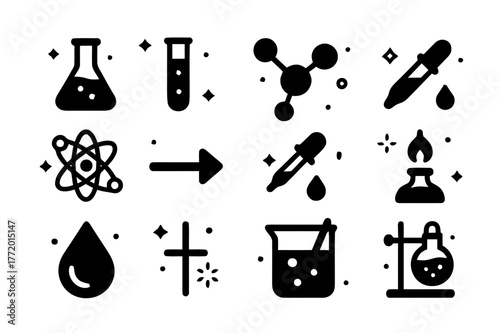 Chemical Lab Icons. Chemical Lab Work. Solid icons set of Chemical Lab Work: flask, test tube, molecule, beaker, atom, reaction arrow, pipette, Bunsen burner,