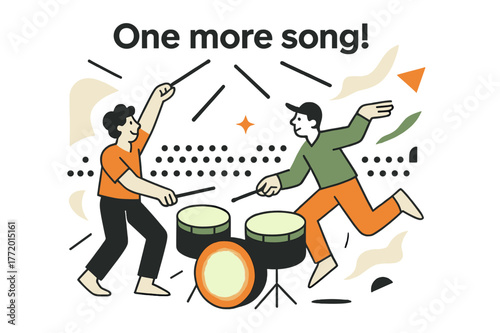 Encore Performance. Encore Moment. Sticks frozen midair above glowing drums, audience lights form a rhythmic pattern of dots. Caption: ?One more song!? Modern