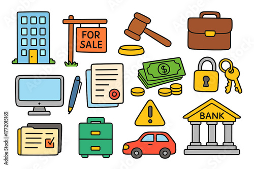 Business Assets Doodle. business assets. Colorful Hand-drawn doodle Children illustration business assets office building, "For Sale" sign, auction hammer,