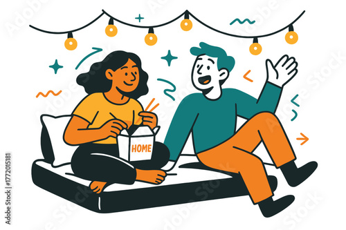 Cozy New Beginnings. First night in. Mattress on the floor, string lights floating like new constellations; takeout box labeled ?home.? Quiet wonder, big skies