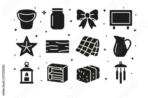 Rustic Porch Icons. Rustic Porch Decor. Solid icons set of Rustic Porch Decor: galvanized bucket, mason jar, burlap bow, chalkboard sign, tin star, wooden