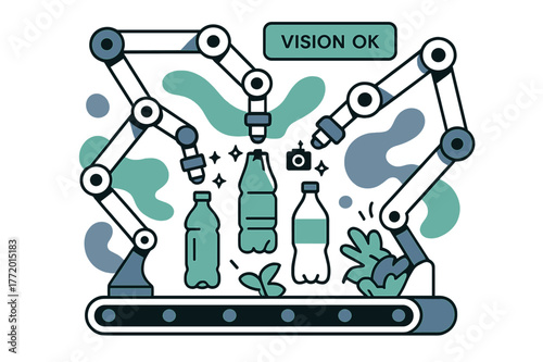 Robotic Recycling Precision. Recycling system in factory ? Robotic pickers. Articulated arms pluck bottles at speed; camera icons sparkle above each nozzle. A
