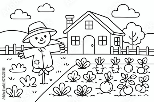 Farmhouse Coloring Fun. Country farmhouse garden children?s coloring book illustration, outlined drawing, farmhouse with vegetable garden and scarecrow,