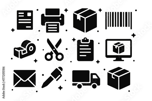 Parcel Management Icons. Parcel Management. Solid icons set of Parcel Management: shipping label, printer, package, box, barcode, tape dispenser, scissors,