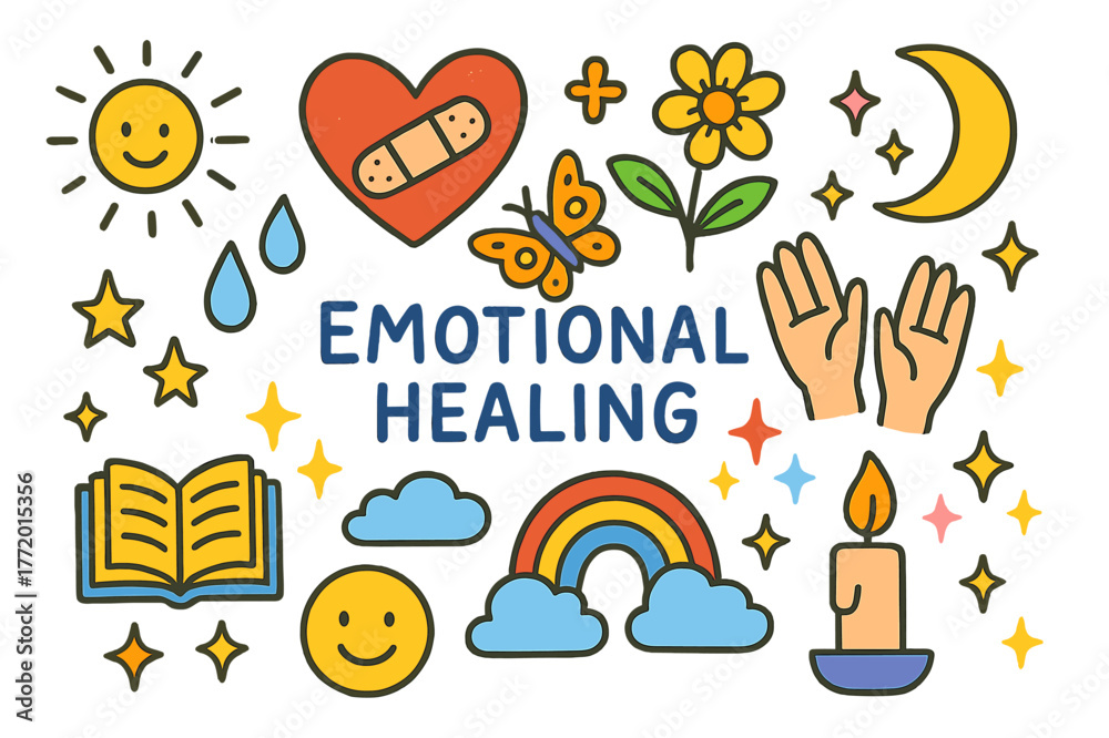 Fototapeta premium Emotional Healing Icons. Emotional healing. Colorful Hand-drawn doodle Children illustration Emotional healing heart, bandage, flower, tears, sunshine, book,