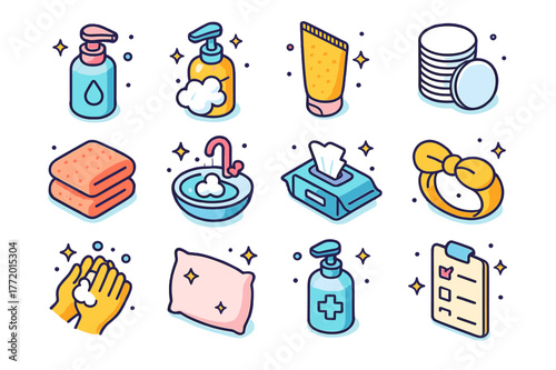 Skincare Essentials Icons. Skincare hygiene. Colorful isometric vector icons set of Skincare hygiene: face cleanser bottle, foaming soap, gentle exfoliating
