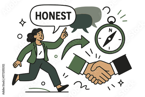 Guiding Ethical Honesty. Ethical truth-telling. A character offers a speech bubble with a visible core labeled ?Honest?; shadow speech bubbles fade behind. A