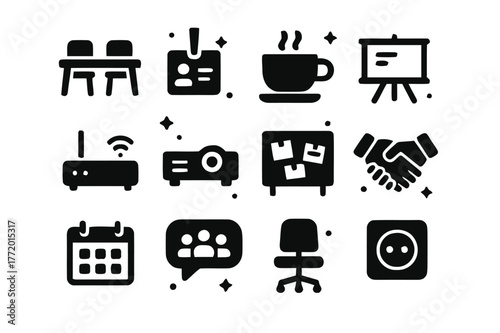 Coworking Icons Collection. Coworking and Meetups. Solid icons set of Coworking and Meetups: shared desk, name tag, coffee cup, whiteboard, wifi router,