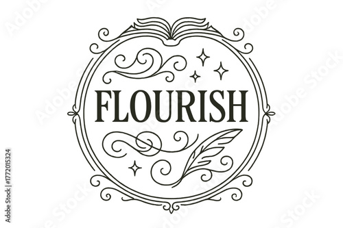 Elegant Book Crest. Book Cover ? Flourish Lettering; classic high-contrast serif with medium swashes and tidy curls; circular crest composition with thin