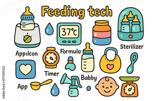Feeding Tech Doodle. Feeding tech. Colorful Hand-drawn doodle Children illustration Feeding tech bottle warmer, milk temperature display, formula dispenser,