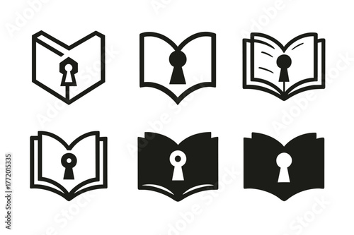 Education Unlocking Logos. Education access. Set Logo of Education access: open book unlocking keyhole. harmonious logo variations of the same emblematic