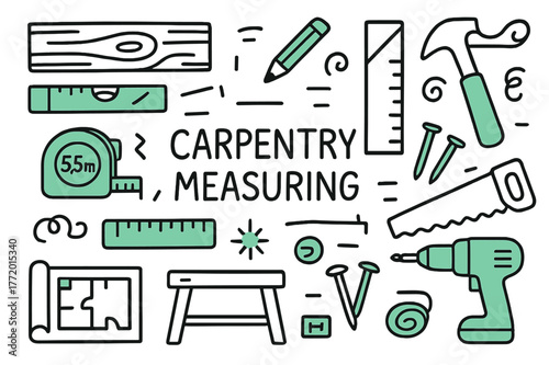 Carpentry Tools Sketch. // Carpentry measuring. Hand-drawn doodle illustration Carpentry measuring [wood plank, ruler (accented), tape measure (accented),