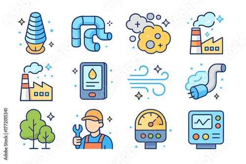 Environmental Purification Icons. Environmental purification. Colorful isometric vector icons set of environmental purification: air filter tower, ventilation
