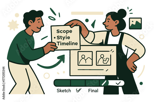 Creative Commission Process. Commission process. A client hands a brief card reading ?Scope ? Style ? Timeline?; the artist pins it beside thumbnails. A