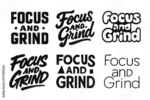 Creative Lettering Variations. Focus and Grind. Set lettering. harmonious lettering variations of the same emblematic concept, each with different artistic