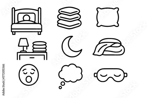 Bedtime Icons Collection. Soft, Fluffy Pillows Surrounding Someone in Bed. Line icon set of Soft, Fluffy Pillows Surrounding Someone in Bed: bed frame,