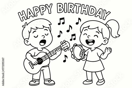 Musical Birthday Celebration. Musical instruments birthday song children?s coloring book illustration, outlined drawing, kids playing guitar and tambourine