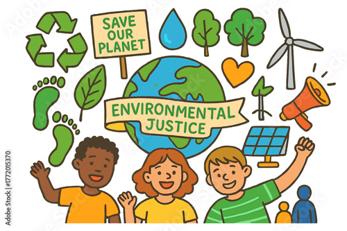 Environmental Justice Icons. Environmental justice. Colorful Hand-drawn doodle Children illustration Environmental justice green earth, recycle arrows, protest