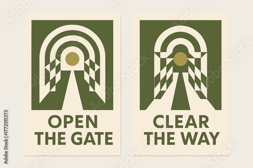 Geometric Doorway Banners. Geometric Thresholds. Two vertical A6 banners with safe margins, centered composition, no elements touching edges, geometric, olive