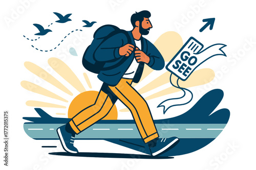 Traveler at Sunrise. Traveling man. A lone traveler adjusts his strap as a sunrise paints the tarmac; ?Go see? ribbons from his boarding pass. Birds trace