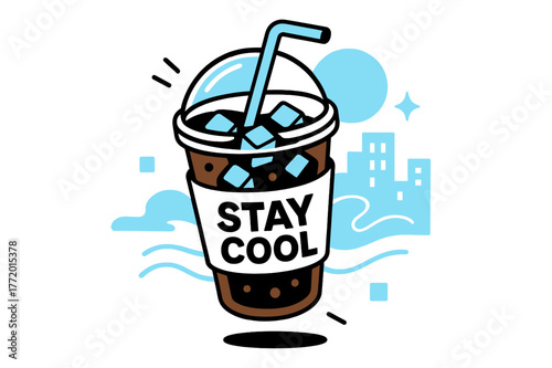 Iced Coffee Artistry. Iced Coffee To-Go. A straw swirls through cube-studded coffee; sleeve reads ?Stay Cool.? Vapor-waves recede as the city shimmers in soft