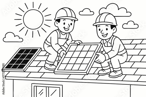 Solar Panel Coloring Fun. Solar panel installations children?s coloring book illustration, outlined drawing, smiling workers placing solar panels on a sunny