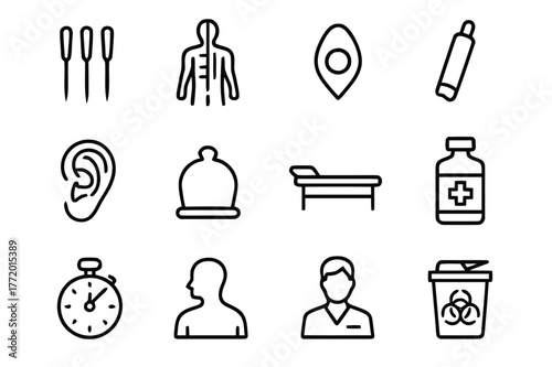 Acupuncture Icon Collection. Acupuncture. Line icon set of acupuncture: acupuncture needles, meridian map, acupoint marker, moxa stick, ear chart, cupping cup,