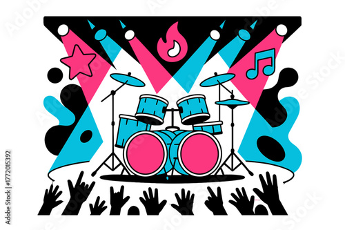 Vibrant Festival Stage. Festival Stage. Massive kit with double bass drums glowing under colored beams; audience hands silhouettes below. Floating icons: star,