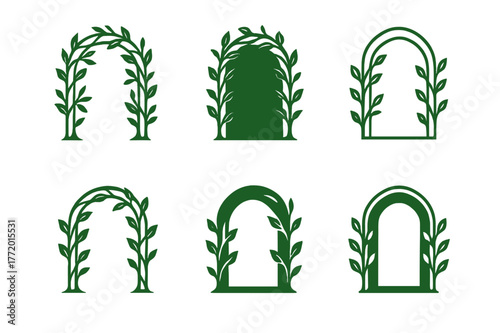 Enchanted Doorway Logos. Enchanted doorway. Set Logo of Enchanted doorway: vine-wrapped arch. harmonious logo variations of the same emblematic concept, each