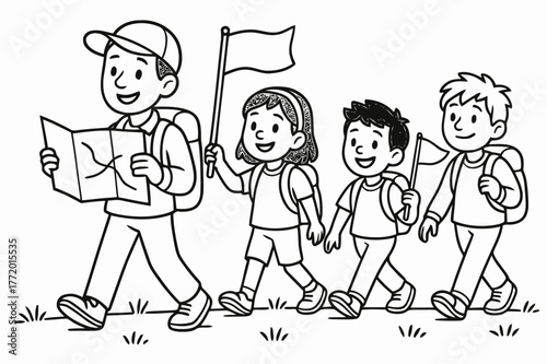 Children's Procession Coloring Page. Community procession children?s coloring book illustration, outlined drawing, a group of smiling travelers walking
