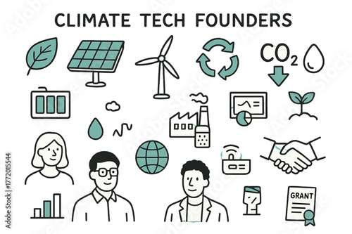 Climate Tech Visionaries. // Climate tech founders. Hand-drawn doodle illustration Climate tech founders [leaf badge (accented), solar panel (accented), wind