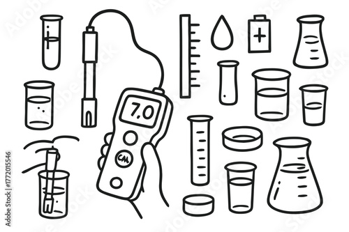 pH Meter Doodle. pH meter. Hand-drawn doodle illustration pH meter digital display, probe, test tube, beaker, droplet, battery icon, calibration knob, number