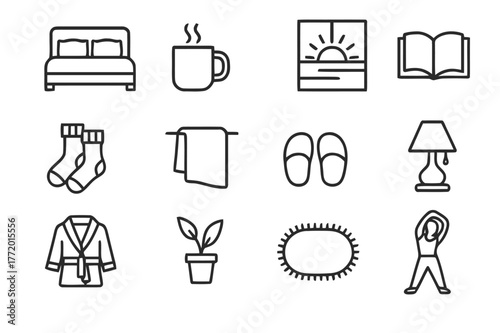 Morning Comfort Icons. Morning Comfort. Line icon set of Morning Comfort: bed with pillows, steaming mug, sunrise window, open book, warm socks, blanket,