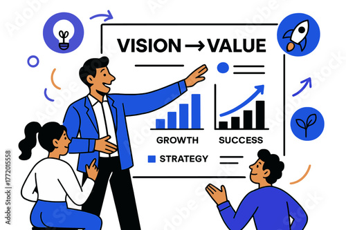 Dynamic Pitch Presentation. Developing a Business Pitch Deck. A presenter gestures toward clean slides featuring graphs and key phrases; a large title reads