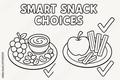 Healthy Snack Coloring. Smart snack choices children?s coloring book illustration, outlined drawing, two small plates showing nuts, yogurt, fruit, and veggie