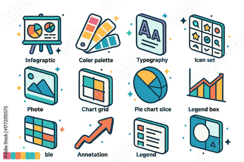 Colorful Presentation Icons. Presentation visuals and data. Colorful isometric vector icons set of Presentation visuals and data: infographic panel, color