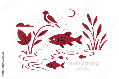 Moonlit River Reflections. River Ecosystem ? Night Reflections. Moonlight glides across a quiet current; fish shadows and starlit ripples merge. Caption