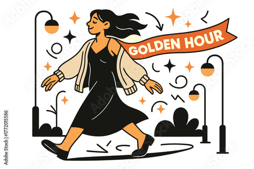 Sunset Style Scene. Evening chill layer. Knit cardigan thrown over a slip dress as the sun dips; scarf letters read ?golden hour.? Streetlights bloom like