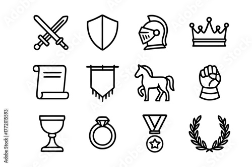 Knighthood Symbols Icons. Knighthood symbols. Line icon set of knighthood symbols: sword and shield, crest, helmet, crown, oath scroll, banner,