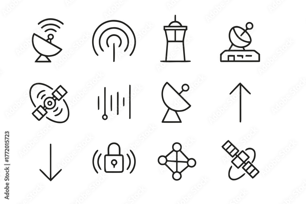 Fototapeta premium Space Communication Icons. Space communication. Line icon set of space communication: radio antenna, signal wave, control tower, ground station,