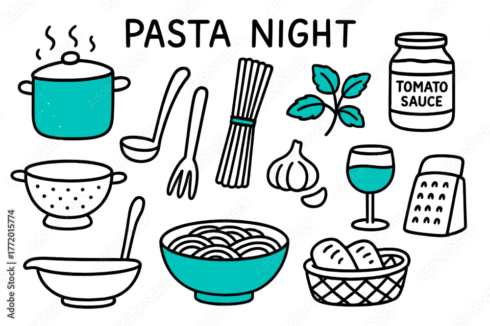 Obraz premium Pasta Night Doodles. // Pasta night. Hand-drawn doodle illustration Pasta night [boiling pot (accented), colander, spaghetti (accented), tomato sauce jar,