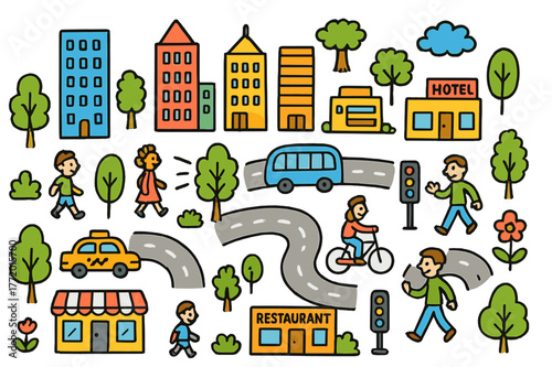 Whimsical City Cartoon. City. Colorful Hand-drawn doodle Children illustration City skyscrapers, cars, buses, taxis, bicycles, pedestrians, streets, roads,