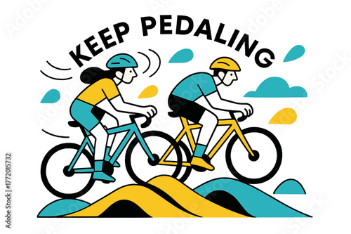 Cycling Adventure. People engaging in sports and recreational activities ? Cycling on a hill trail. Bikes roll across minimalist hills; wind lines curve around