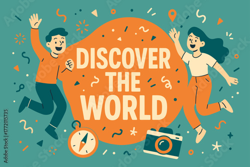 Explore the World. Discover the world banner, flat vector illustration, bold oversized text inside rounded blob, cartoon characters jumping and waving, compass