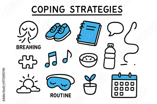 Coping Strategies Icons. // Coping strategies. Hand-drawn doodle illustration Coping strategies [breathing icon (accented), walking shoes (accented), journal