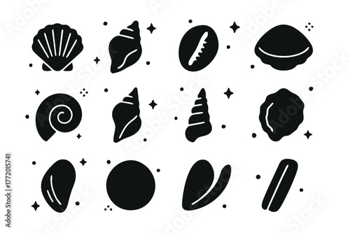 Seashell Icon Collection. Seashells. Solid icons set of Seashells: scallop shell, conch shell, cowrie shell, clam shell, nautilus shell, whelk shell, auger