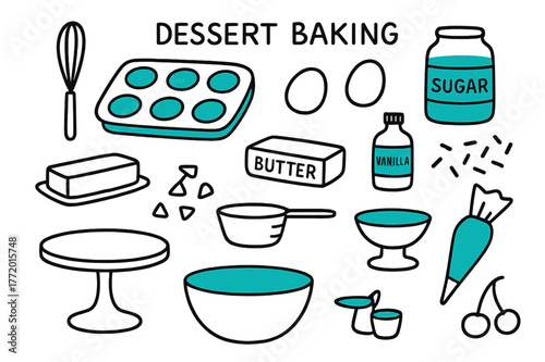 Dessert Baking Essentials. // Dessert baking. Hand-drawn doodle illustration Dessert baking [cupcake tray (accented), whisk, sugar jar (accented), butter