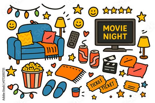 Cozy Movie Night. Movie night at home. Colorful Hand-drawn doodle Children illustration Movie night at home TV screen, remote control, popcorn bucket, cozy